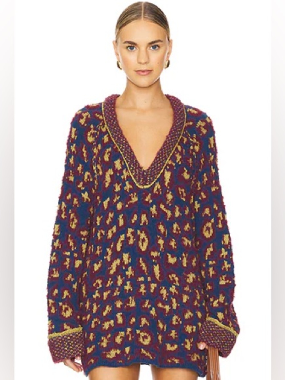Free People Little Animal Pullover Sweater Blue Fig Leopard Oversized V-Neck S